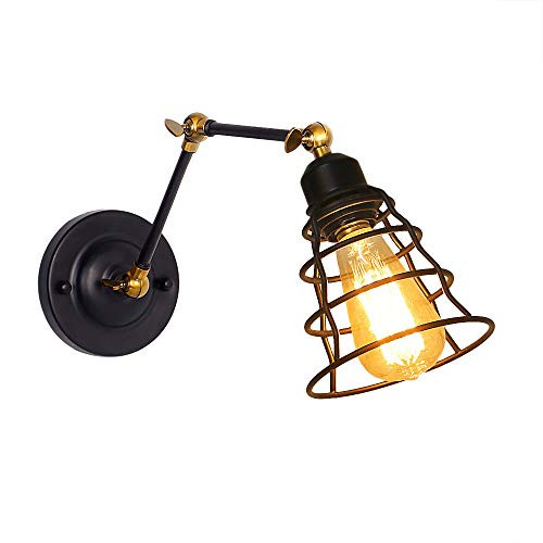 Anmytek Metal Wall Sconce Lighting Adjustable Swing Wall Light with Iron Net Shade Oil Black Finished Industrial Vintage Style Simplicity Edison Wall Lamp or Wall Light Fixtures (W0031)