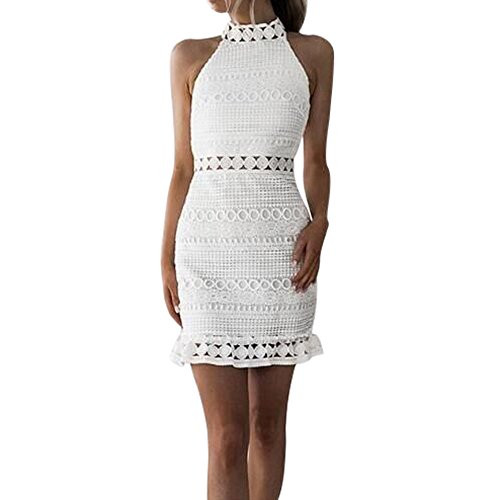 Sleeveless Mini Dress for Women Lace Bodycon Hollow Out Halter Party Dress Sexy Off Shoulder Slim Cocktail Dress White