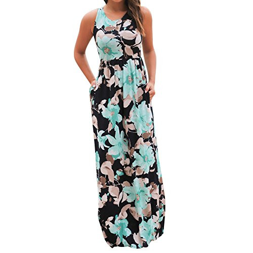 Shakumy Women Summer Sleeveless Floral Print Maxi Dress Casual Loose Pockets Long Dress Beach Sundress Tunic Tank Dress