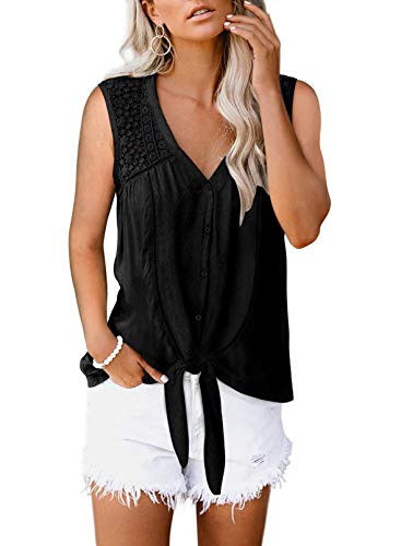 Aleumdr Women's Lace Crochet V Neck Sleeveless Button Down Shirts Tank Tops Blouses Tops Black Medium 8 10
