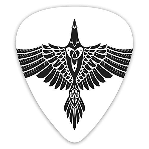ABS Guitar Picks 12 Pack with Case Norse Mythology Theme Bird Figure In Celtic Ancient Symbol Monochrome Random Color Celluloid Guitar Picks for Bass Electric Acoustic Guitars