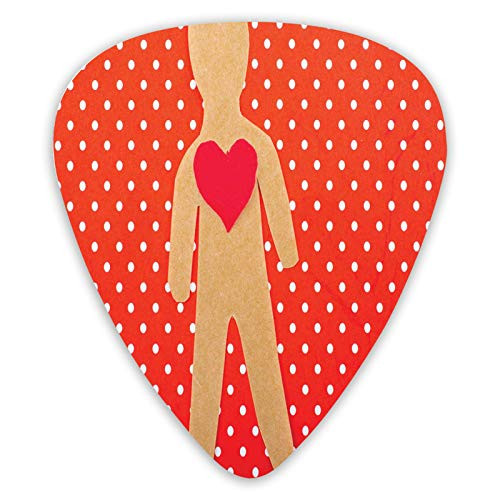 ABS Guitar Picks 12 Pack with Case Paper Man Figure With A Heart On Polka Dotted Background Random Color Celluloid Guitar Picks for Bass Electric Acoustic Guitars