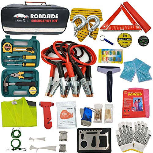 Roadside Assistance Emergency Kit - Multipurpose Emergency Pack Car Premium Road Kit Essentials Jumper Cables Set (8 Foot) Automotive Roadside Assistance 142 Pieces Winter Car Kit
