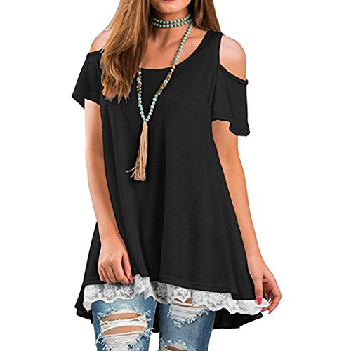 FRC0LT Women Short Sleeve Strappy Cold Shoulder Tee Tunic T-Shirt Tops Round Blouses -XXL, Black- FRC0LT Women Short Sleeve Strappy Cold Shoulder Tee Tunic T-Shirt Tops Round Blouses -XXL, Black-