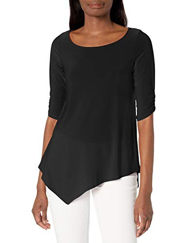 Star Vixen womens Star Vixen Women's Hanky Hem Top, Elbow Sleeve With Cinch Detail Blouse, Black Solid, Large US