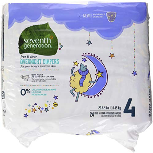 Seventh Generation Baby Overnight Diapers, Free  and  Clear, Stage 4, 22-32lbs, 24 count -Packaging May Vary-