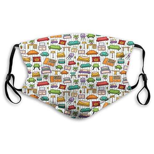 Comfortable Windproof mask,Various Home Interior Elements Armchair Table Mirror Design Elements Doodle Style,Printed Facial decorations for adult