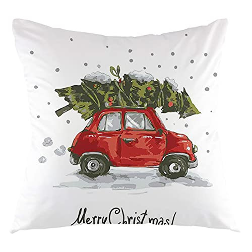 GULTMEE Christmas Throw Pillow Cushion Cover, Red Retro Style Car Xmas Tree Vintage Family Style Illustration Snowy Winter Art,Decorative Square Accent Pillow Case?24"x24", Red Green