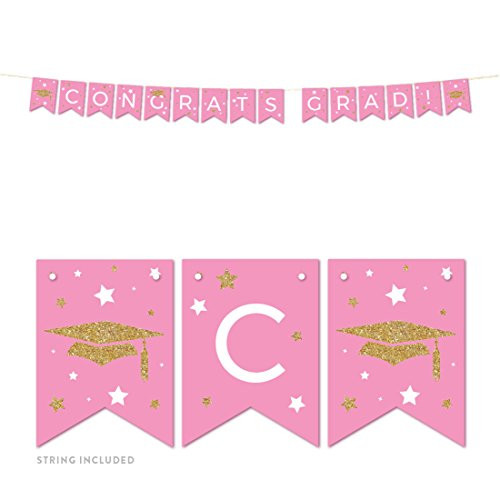 Andaz Press Pink and Gold Glittering Graduation Party Collection, Hanging Pennant Party Banner with String, Congrats Grad, 5-Feet, 1 Set