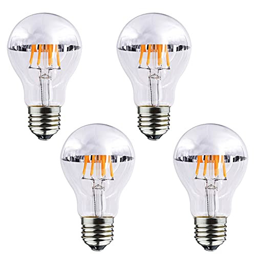 Lxcom Lighting Half Chrome Light Bulb 6W -60 Watt Equivalent- Dimmable A60 Half Silver Reflected Light Warm White 2700K Decorative LED Edison Bulb E26 E27 Base Silver Tipped Mirror Bulbs,4 Pack