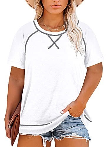 Happy Sailed Womens Plus Size Round Neck Short Sleeve T Shirt Loose Casual Tunic Blouse Tops,2X White