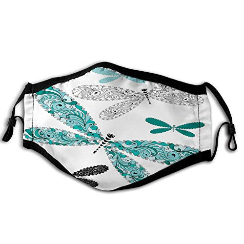 Fashion Funny Activated Carbon mask,Dragonfly,Ornamental Dragonfly Figures with Lace and Damask Effects Artsy Image,Teal Turquoise Black,Facial decorations for adults