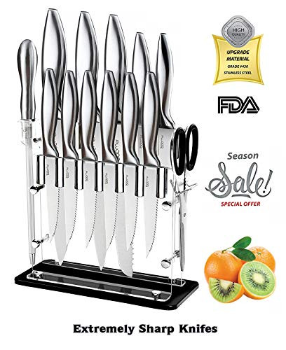 Knife Set, Kitchen Chef Knives - Stone boomer 14 Piece Knife Block Set, Stainless Steel Knife Set, Chef Knife Set, Knives Set, Scissors, Sharpener & Acrylic Stand, Super Sharp,!!!