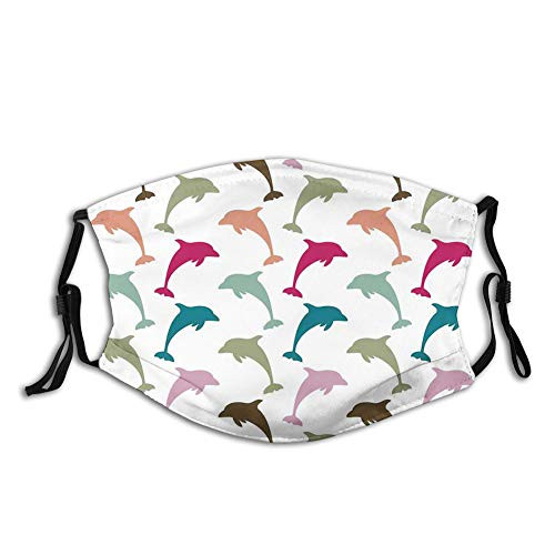 Comfortable Windproof Activated carbon mask,Colorful Dolphin Figures on White Background Ocean Marine,Printed Facial decorations for Unisex Adult