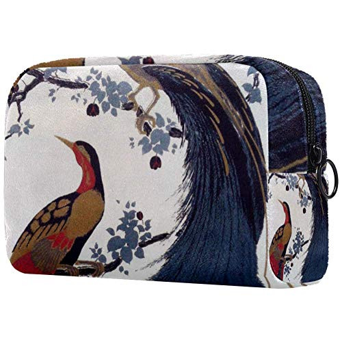 Inhomer Cosmetic Bag for Women Embroidered Blue Red Bird Travel Makeup Case Handy Pouch Organizer Toiletry Bag Gifts