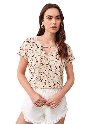 Romwe Women's Casual Floral Print Batwing Short Sleeve V Neck Blouse Tops Yellow XL