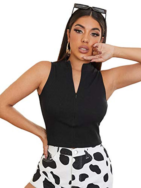 SheIn Women's Mock Neck Zipper Up Crop Tank Top Sleeveless Rib Knit Solid Vest Black Small