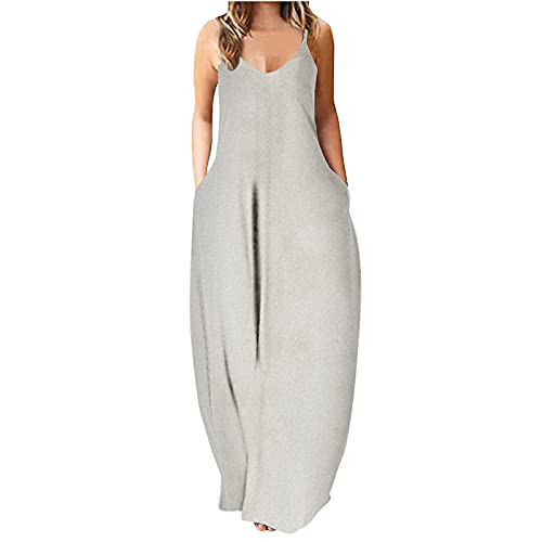 TWGONE Summer Dresses for Women Sleeveless Loose Sling Maxi Dresses Casual Plain Cami Long Dress with Pockets-Medium,White-