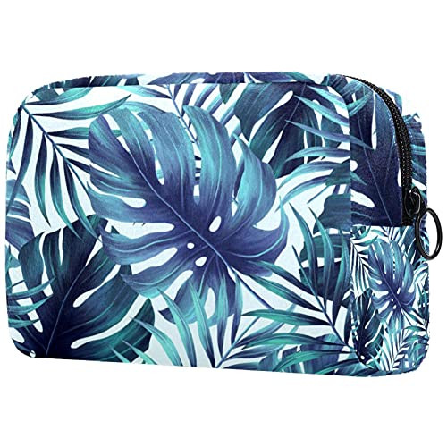 Women Makeup Bag,Cosmetic Storage Bag Summer Tropical Blue Leaves for Travel,Cosmetics Organizer