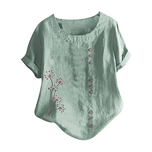 Women's Basic Loose Fit Blouse Cotton Linen Short Sleeve Buttons Down Tunic Shirt O-Neck Blouse Tops Green