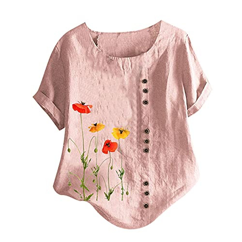 Womens Casual Printed T-shirts Cotton Linen Plus Size O-Neck Loose Button Tunic Tops Shirt Blouse