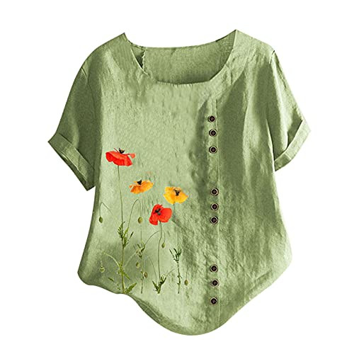 Womens Casual Printed Cotton Linen T-Shirts Plus Size O-Neck Loose Button Tunic Shirt Blouse Tops Green