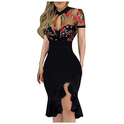 Womens Sexy Lace Semi Formal Dresses Fashion Short Sleeve Bodycon Dresses Ruffle Hem Slit Cocktail Party Midi Dress