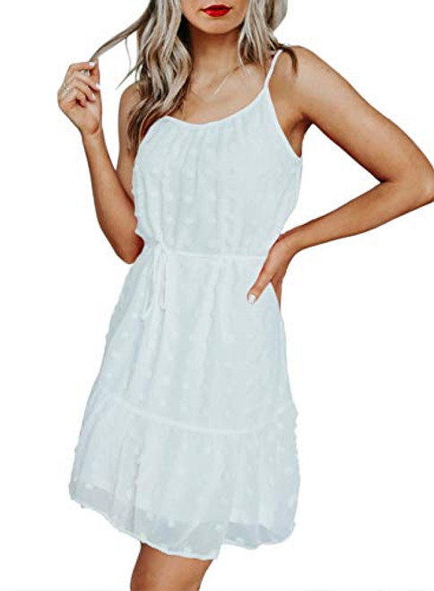 Dokotoo Womens Fashion Scoop Neck Adjustable Spaghetti Strap Sleeveless Pom Pom Swing Babydoll Sun Dress Ruffle Tie Waist Elegant Chiffon Short Vacation Mini Dresses X-Large White