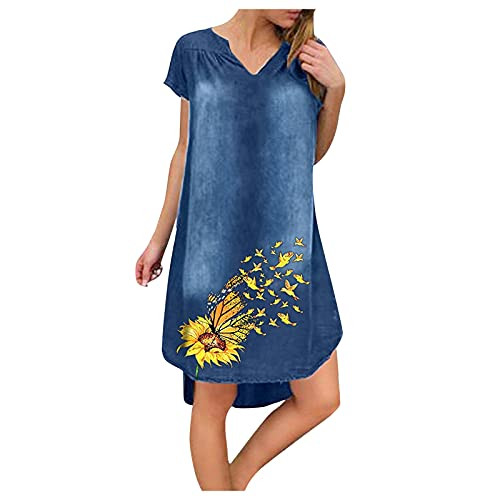 Women Casual Denim Dress V-Neck Short Sleeve Button Loose Long Slit Jeans Dresses Floral Print -XL, Yellow- Women Casual Denim Dress V-Neck Short Sleeve Button Loose Long Slit Jeans Dresses Floral Print -XL, Yellow-