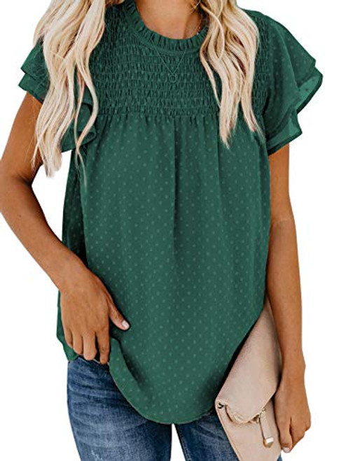 Astylish Womens Stylish Spring Front Smocked Ruffle Crewneck Short Sleeve Pom Pom Shirts Soft Cute Solid Basic Swiss Dot Chiffon Blouses Tops with Back Self Tie Green Medium