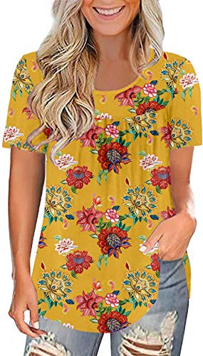 Women's Casual Plus Size Tunic Tops Short Sleeve Shirts Floral Blouses Yellow 2XL