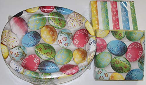 Easter Paper Plates - Bright Egg Design Dinner and Napkin Party Pack - Serves 50 - Includes 50 (10" x 12") Oval Dinner Plates, 100 (13" X 13") Double Sided Napkins with cardboard Napkin holders
