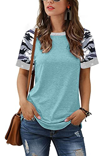 Adibosy Womens Summer Tops Casual Color Block T Shirts Short Sleeve Camo Striped Tunic Round Neck Tee Blouse Blue XL