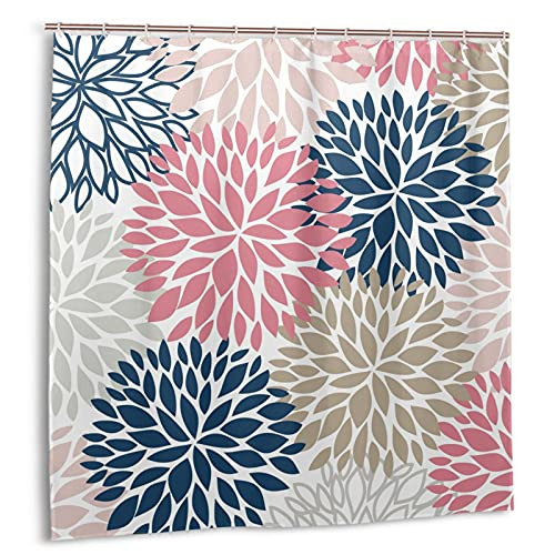 Ouee Romantic Vintage Pink Navy Blue Grey Dahlia Shower Curtain Water Resistant Decorative Bathroom Fabric,72 X 72 Inches