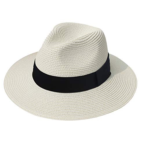 DRESHOW Women Men Straw Panama Hat Fedora Beach Sun Hat Wide Brim Straw Roll up Hat UPF 30 plus
