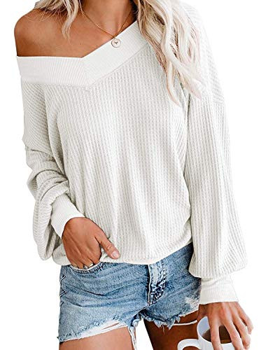 Dressmine Womens Off Shoulder Oversized Pullover Sweater V Neck Long Sleeve T Shirt Tunic Top White X-Large