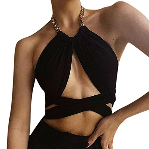 RARITYUS Women Sexy Metal Chain Halter Criss Cross Crop Top Self Tie Tank Top Cut Out for Rave Cami Clubwear RARITYUS Women Sexy Metal Chain Halter Criss Cross Crop Top Self Tie Tank Top Cut Out for Rave Cami Clubwear