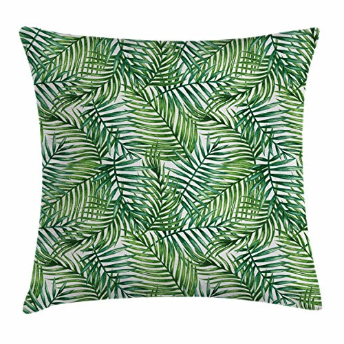 Ambesonne Leaf Throw Pillow Cushion Cover, Watercolor Print Botanical Wild Palm Trees Leaves Ombre Design Image, Decorative Square Accent Pillow Case, 18" X 18", Green White