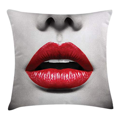 Ambesonne Red and Black Throw Pillow Cushion Cover, Cosmetic Lipstick in Vivid Alluring Colors Photo of Model Lips, Decorative Square Accent Pillow Case, 18" X 18", Scarlet Pale Grey