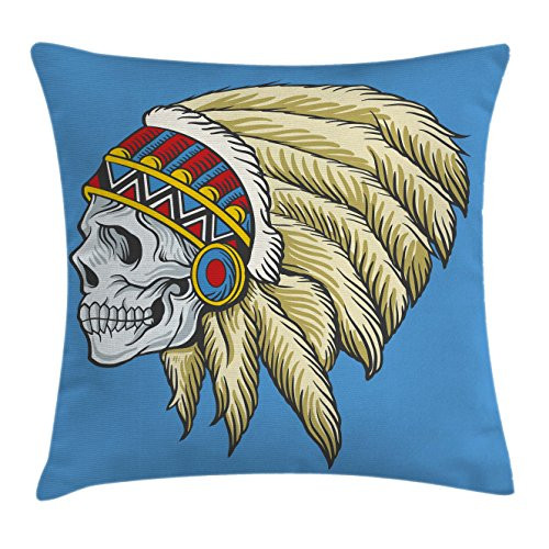 Ambesonne Tribal Throw Pillow Cushion Cover, Dead Skull with Feathers Tattoo Folk Aztec Pattern, Decorative Square Accent Pillow Case, 18" X 18", Blue Pearl