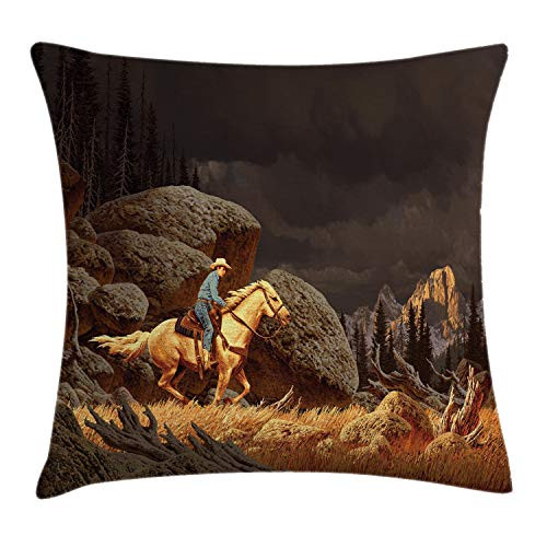 Ambesonne Western Throw Pillow Cushion Cover, Rock Mountain Landscape with Cowboy Riding Horse NorthmericStyle, Decorative Square Accent Pillow Case, 18" X 18", Earth Yellow
