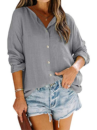 Makkrom Womens Linen Shirts Button Down Long Sleeve V-Neck Blouse Casual Work Plain Tops Grey