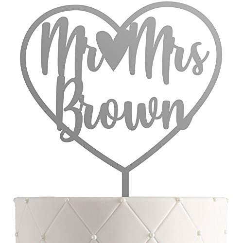 Personalized Bride and Groom Wedding Cake Topper With Customized Last Name for Mr Mrs -Silver Mirror-