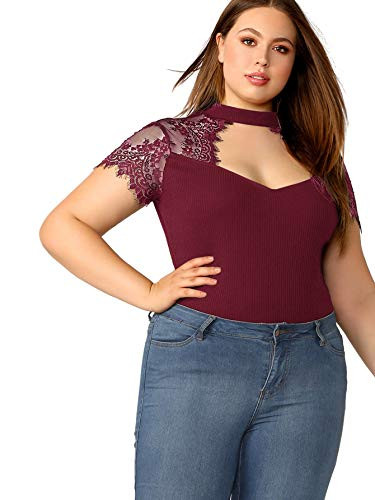 Romwe Women's Plus Size Chocker Lace Short Sleeve Deep Sweetheart Neck Blouse Tops Shirt Burgundy 3X Plus