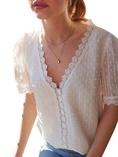 WDIRARA Women's Lace Trim V Neck Short Sleeve Blouse Swiss Dots Sheer Mesh Top White S WDIRARA Women's Lace Trim V Neck Short Sleeve Blouse Swiss Dots Sheer Mesh Top White S