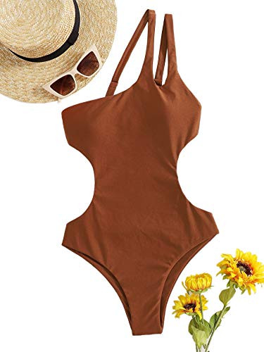 Romwe Women's One Shoulder Cutout One Piece Swimsuit Strap Backless Bathing Suit Monokini Brown L