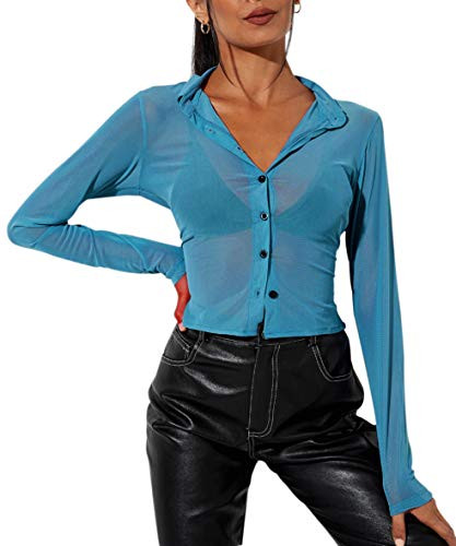 MISSACTIVER Women Sexy See Through Mesh Crop Shirts Tie Dye Button Down Long Sleeve Casual Crop Shirt Tee Top Blouse-Small,Blue-