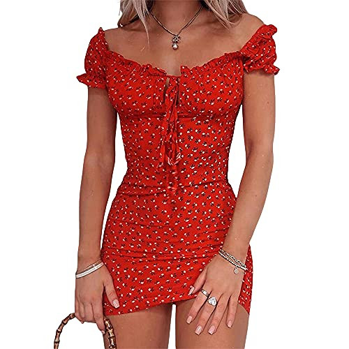 Women Floral Mini Dress Ruffle Short Sleeve Tie Front Bodycon Dress Sexy Wrap Pencil Dress for Party Club-Red,M- Women Floral Mini Dress Ruffle Short Sleeve Tie Front Bodycon Dress Sexy Wrap Pencil Dress for Party Club-Red,M-
