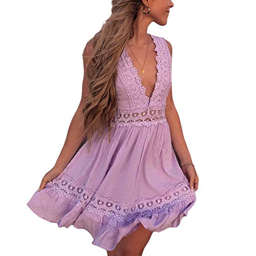Women's Sexy Deep V-Neck Lace Dress Casual Solid Color Sleeveless Beach Dress Elegant Mini Dress -Purple, M-