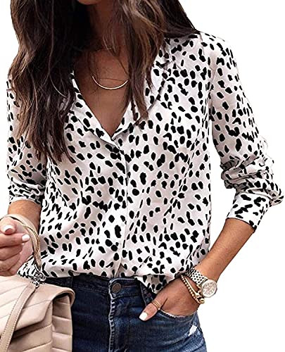 Avanova Women's Casual Leopard Print Tops Blouse V Neck Long Sleeve Button Down Shirt -S, 1 White-